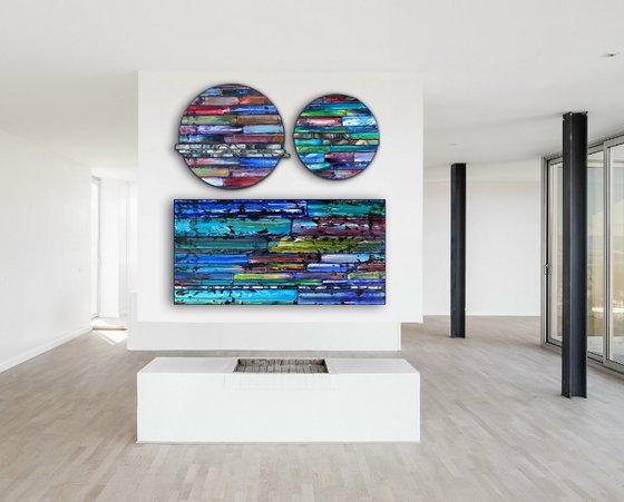 "Are You Not Entertained?" - Save As A Series - Original PMS Sculptural Mixed Media Painting Assemblage Triptych On Circular and Rectangular Wooden Panels - 48 x 48 inches