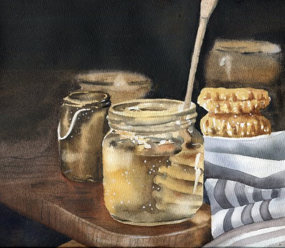 Still life with jars of honey on a wooden table. Original artwork.