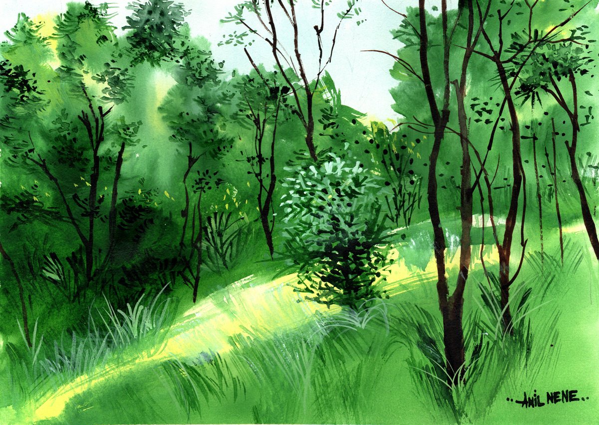 Photorealistic Landscape Watercolour By Anil Nene, 13 X 10, Green Landscape, Original Artwork