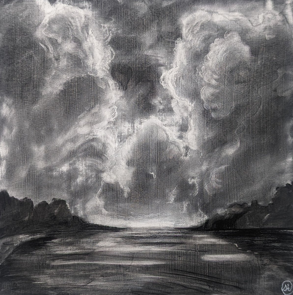Photorealistic Landscape Charcoal Drawing By Sophie Adair, 12 X 12", Rise, Original Artwork
