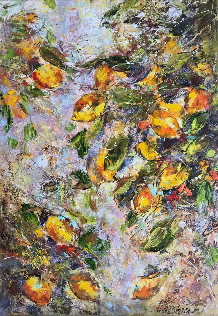 Impressionistic Botanical Oil Painting By Diana Malivani, 28 X 39, Lemons, Original Artwork