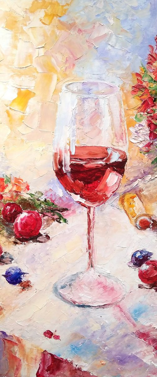 Wine Painting Original Art Fruit Wall Art Small Artwork Flower Still Life by Yulia Berseneva