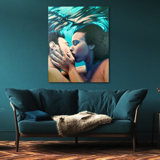 Underwater love story seascape art , underwater kiss , underwater painting Swimmer Underwater painting Canvas, underwater art largeWall Art, Abstract Art, Swimming Art, Sun Rays