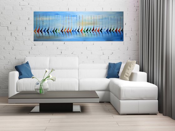 Big Blue Race- Abstract- Colourfull Sailboat Painting- Large Acrylic Art Canvas Wart Art Ready to hang