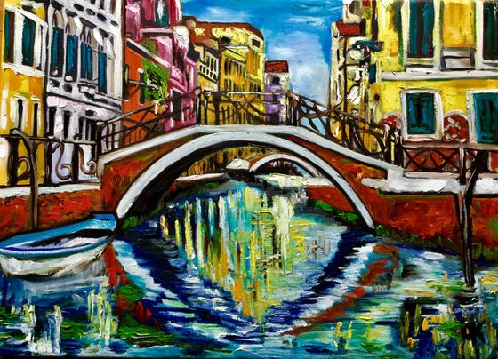 VENICE. Canal bridge. Oil original palette knife painting