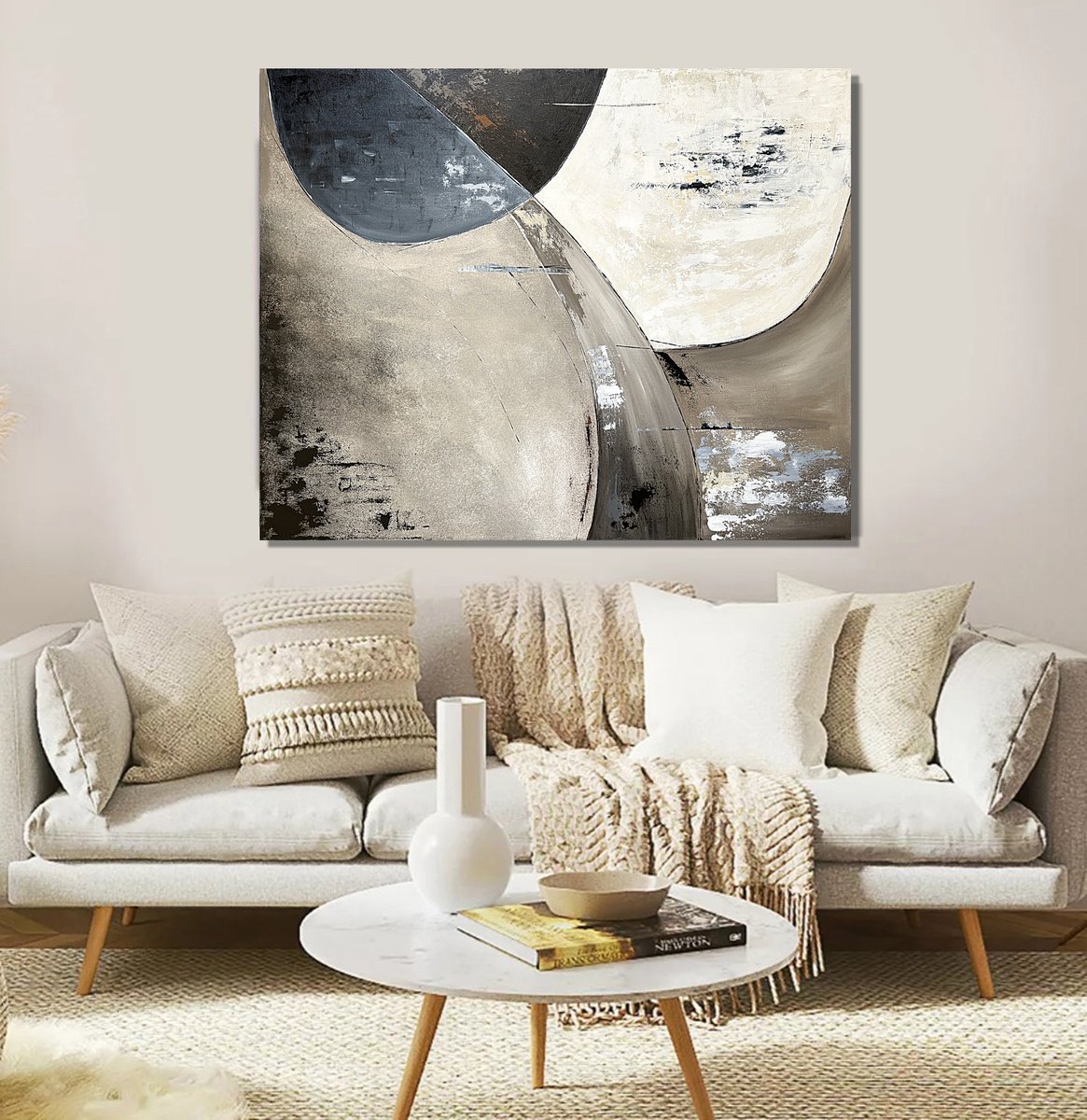 Geometric Abstract Acrylic Painting By Tatiana Malinovscaia, 31 X 39", Silent Curves Geometry, Original Artwork