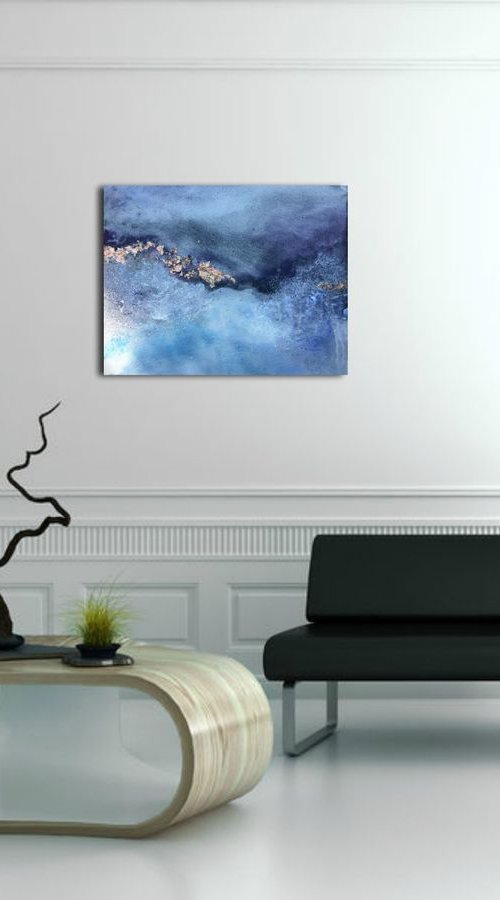 "Lost frequencies" abstract landscape atmospheric blue purple tones gold leaf by Henrieta Angel