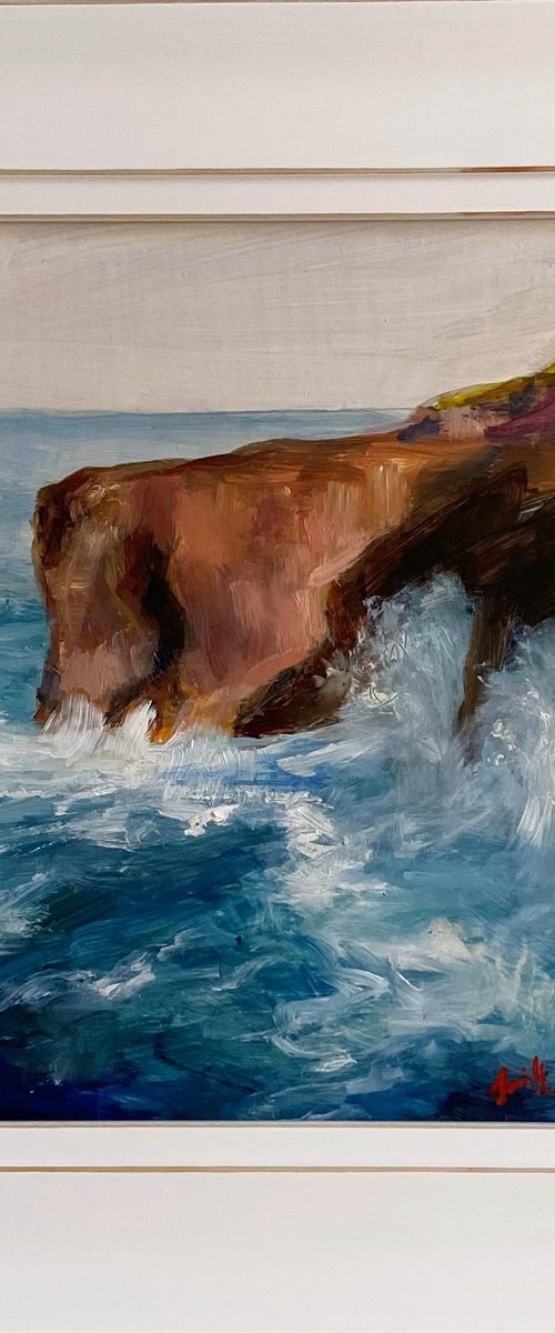 Original art oil painting Impressionist summer seascape sea cliffs. by Jackie Smith
