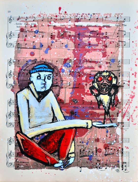 Bird In The Gas Mask - Collage Art on Vintage Music Sheet Page