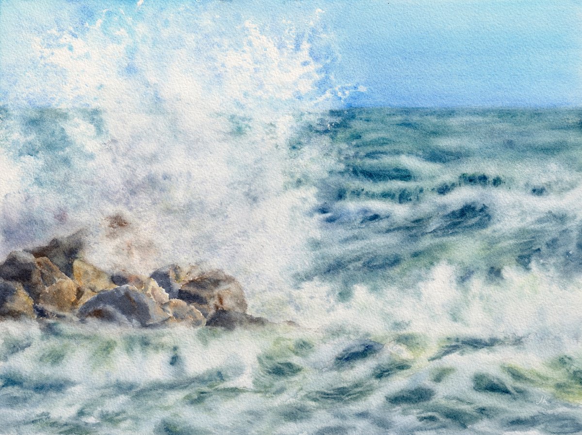 Impressionistic Landscape Watercolour By Kateryna Nazarenko, 12 X 9", Stormy Tide Rush, Original Artwork