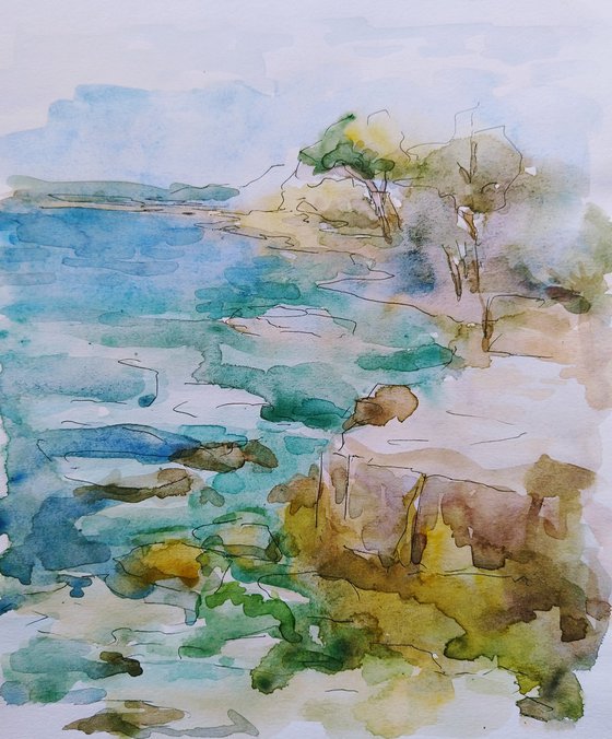 Greece. Etude by the sea. Original watercolour painting