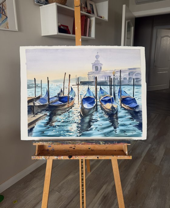 “Morning Light Over Venetian Gondolas”
