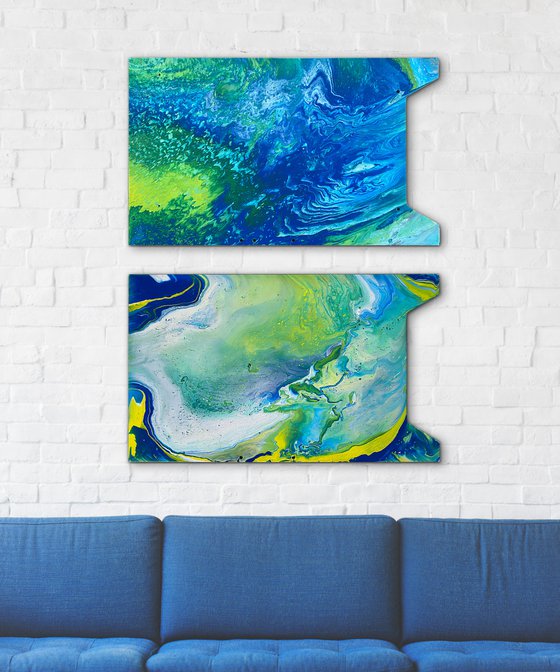 "Not Gonna Water It Down Anymore" - Original Diptych, Abstract PMS Acrylic Paintings Series on Irregularly Shaped Wooden Panels - 30" x 36"