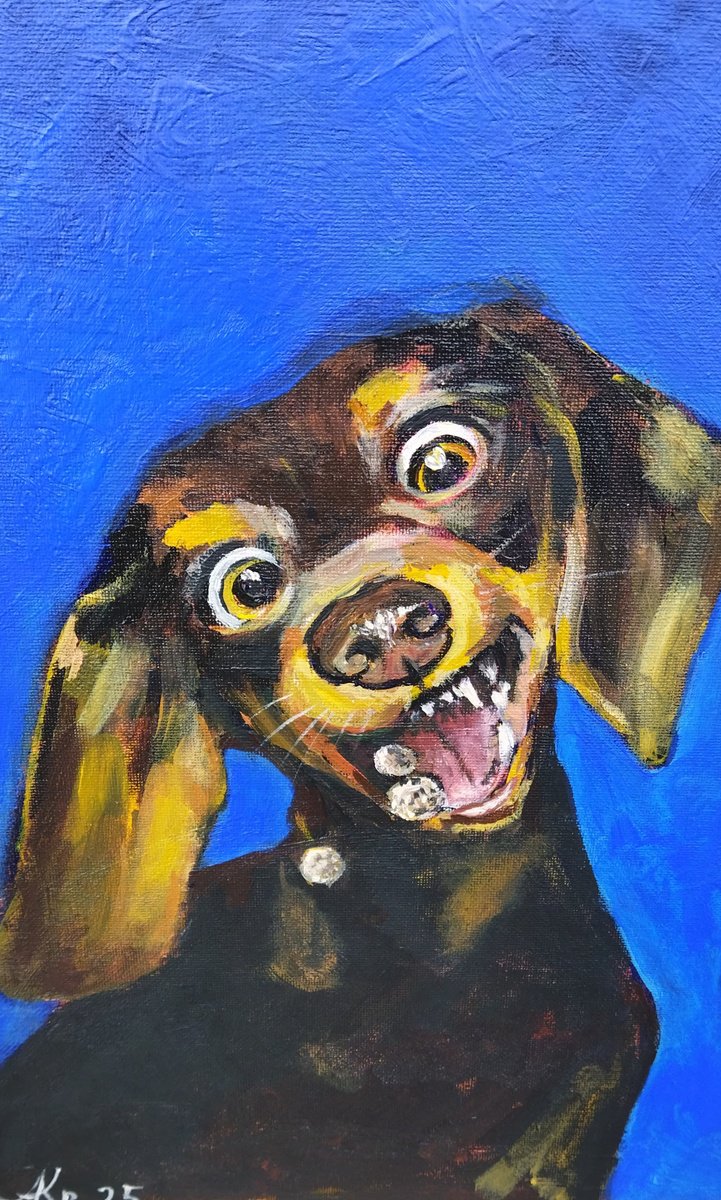Expressive Animal Acrylic Painting By Ann Krasikova, 12 X 14, Treat Hunter, Original Artwork