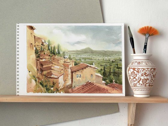 Tuscan Landscape, watercolor on paper.