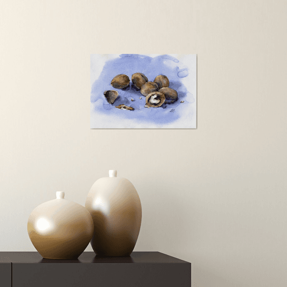 Watercolor still life of walnuts, Vegetarian art for kitchen