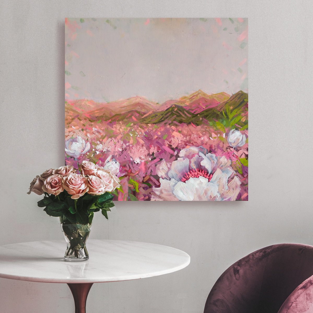 Scintillation - abstract floral landscape, peony pink green by Ekaterina Prisich