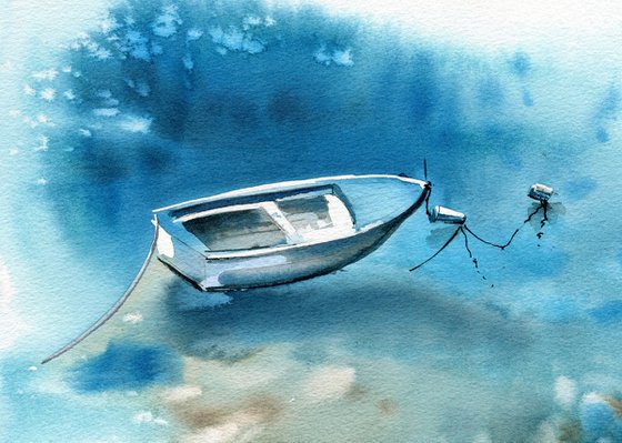 Boat in shallow water original painting  watercolor artwork with a boat in turquoise water medium  size, decor for living room gift idea