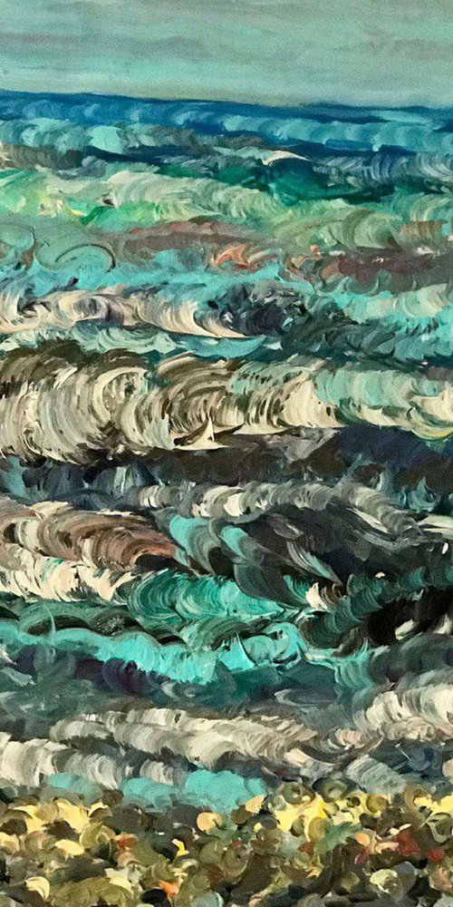 CASPEAN SEA - original oil landscape painting, seascape, beach, seashore, waves, turquoise blue colours 60x70 by Karakhan