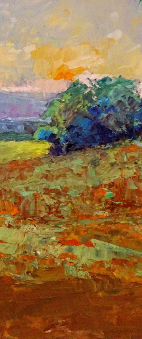 Beneath the orange sky landscape oil painting by Padmaja Madhu