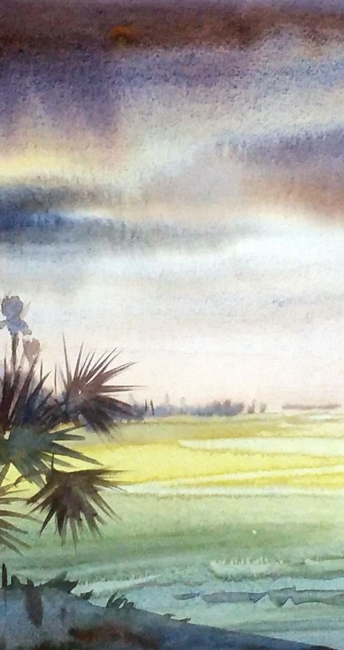 Monsoon & Palm Trees - Watercolor Painting by Samiran Sarkar