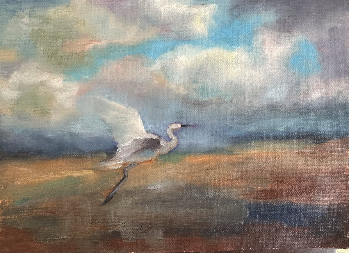 Photorealistic Animal Oil Painting By Grace Diehl, 7 X 5, Great Egret, Original Artwork
