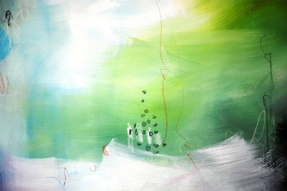 Elusive thought I had had moments before, 48"x72" (121 cm x 182 cm), magenta, lime green and blue large abstract triptych