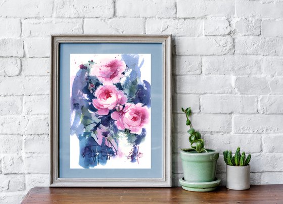"Silence dances in the garden" - Romantic watercolor sketch of a roses at dusk.