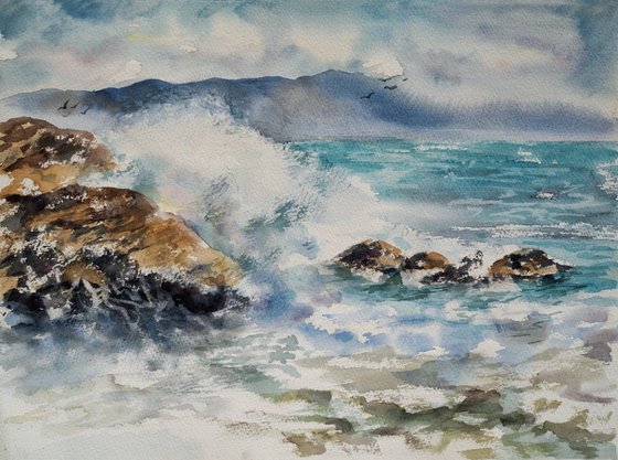 Surf wave in Cadaques, Spain - original watercolor