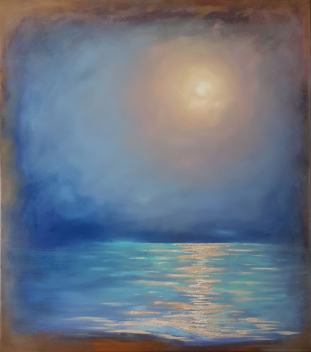 Impressionistic Landscape Oil Painting By Mary Voloshyna, 31 X 35", Colorful Night Near The Sea, Original Artwork