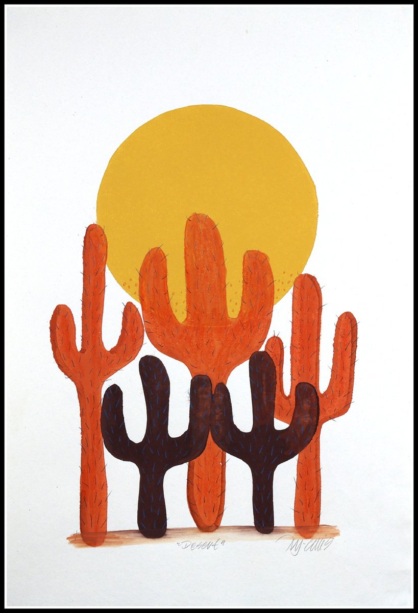Organic Landscape Linocut By Mariann Johansen-Ellis, 15 X 22", Desert Cactus, Original Artwork