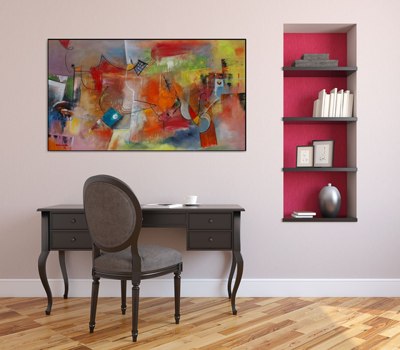 The Heat Of The Day, Large abstract painting, Original art, Oil on canvas, horizontal painting 82x145 cm, red tones