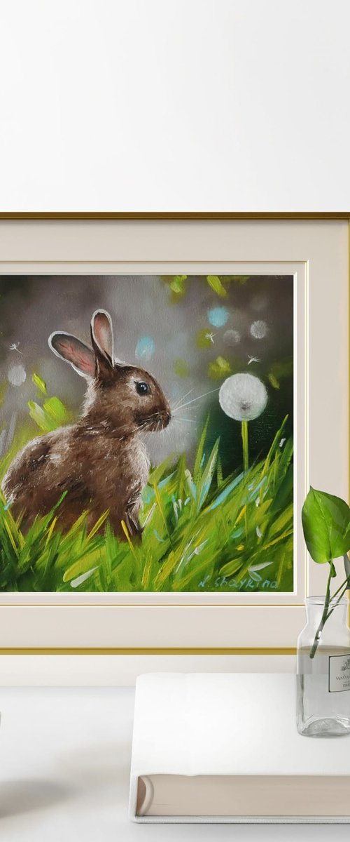Rabbit with Dandelion in Spring Grass by Natalia Shaykina