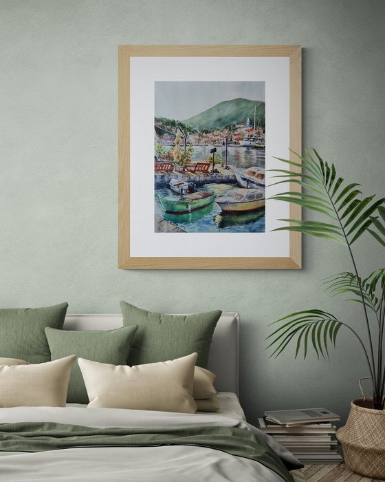 The beautiful port of Jelsa, Hvar | Original watercolor painting (2022) Hand-painted Art Small Artist | Mediterranean Europe Impressionistic