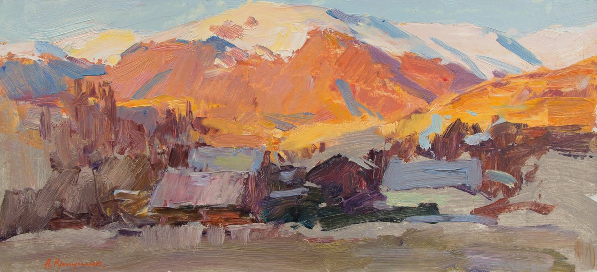 Impressionistic Landscape Oil Painting By Aleksandr Kryushyn, 21 X 10, Evening In Kolochava, Original Artwork