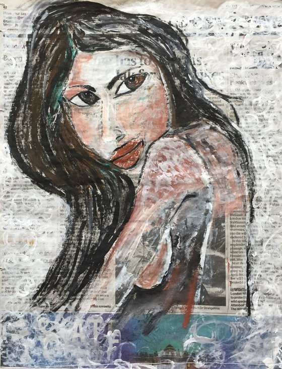 That Look on Newspaper Face Art Woman Portrait Sexy Look 37x29cm Gift Ideas Original Art Modern Art Contemporary Painting Abstract Art For Sale Free Shipping