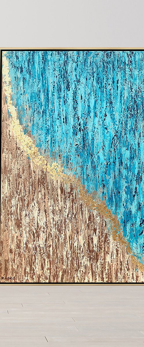 ILUKA - LARGE TEXTURED PAINTING WITH GOLDEN LEAVES 150cm x 100cm by Rasko