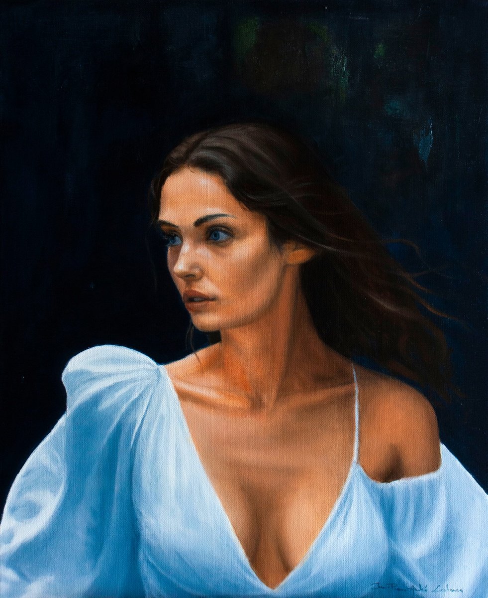 Photorealistic Portrait Oil Painting By Jean-Pierre Andre Leclercq, 15 X 18, Florence, Original Artwork