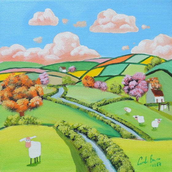 Folk art sheep landscape oil painting on canvas