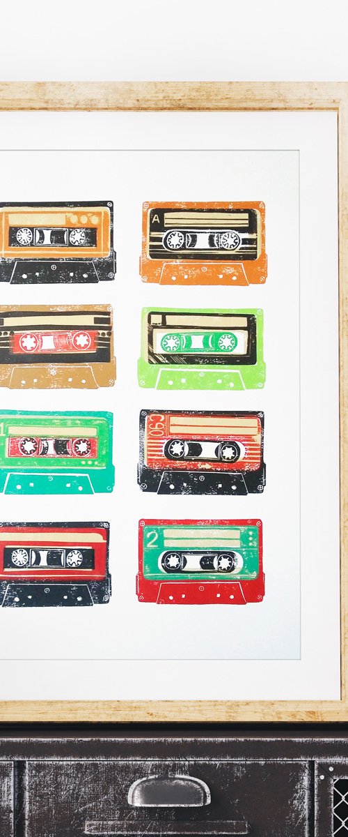 Linocut tapes #37 (cassette tapes, retro music, 70's, 80's rock culture) by Carolynne Coulson