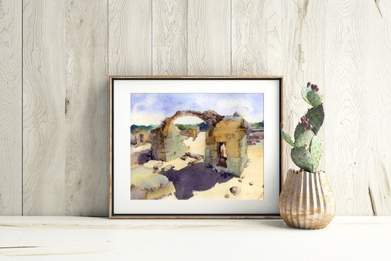 Ruins of Paphos, Small watercolor. Archeology of Cyprus