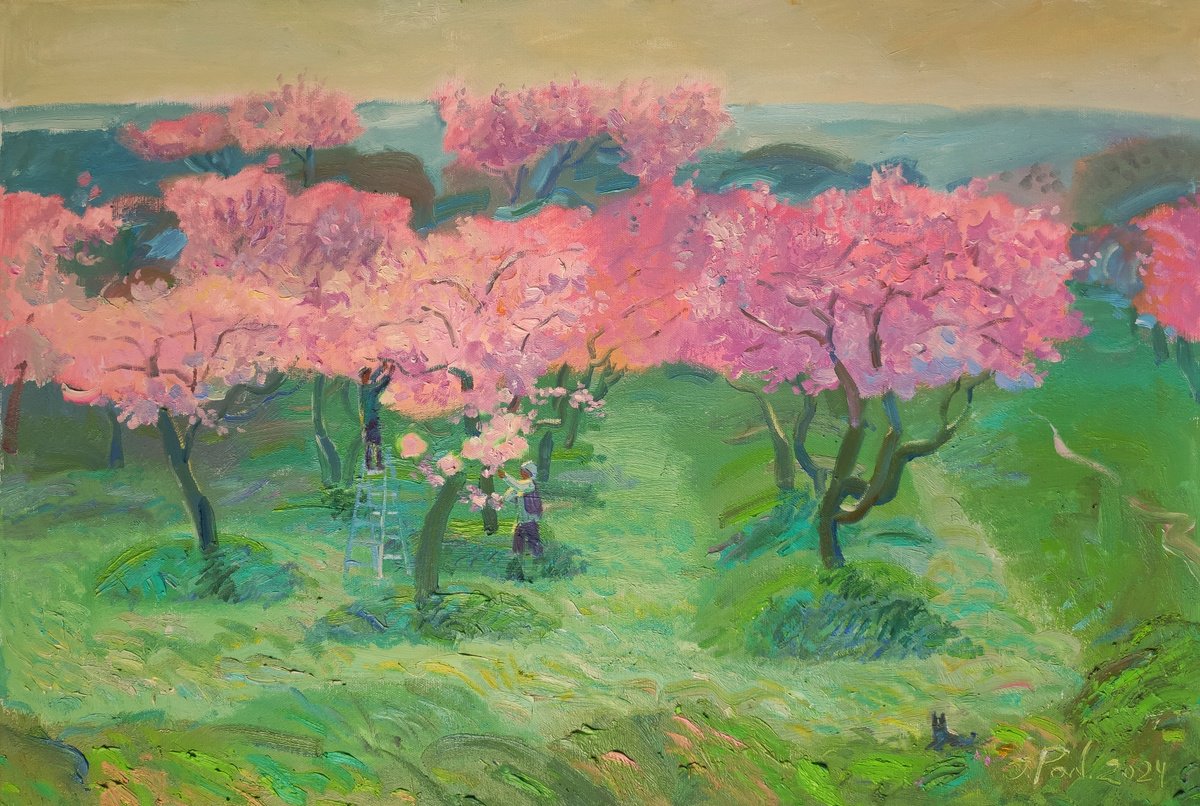 Impressionistic Landscape Oil Painting By Inna Pantelemonova, 31 X 21, Wizards Of The Blooming Garden, Original Artwork