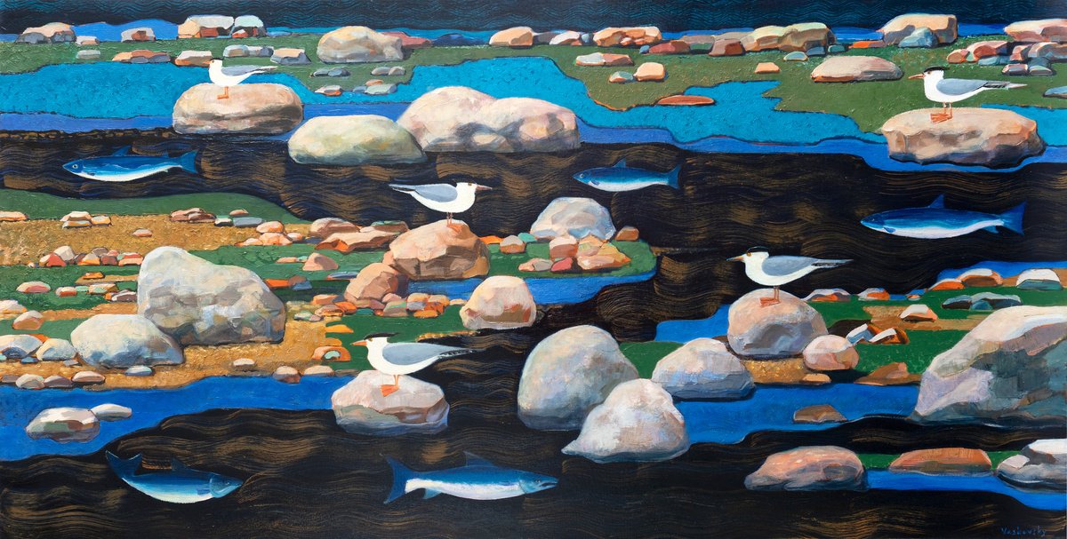 Geometric Oil Painting , Seagulls And Fish By Vadim Vaskovsky, 48 X 24, Artwork For Sale On Artfinder