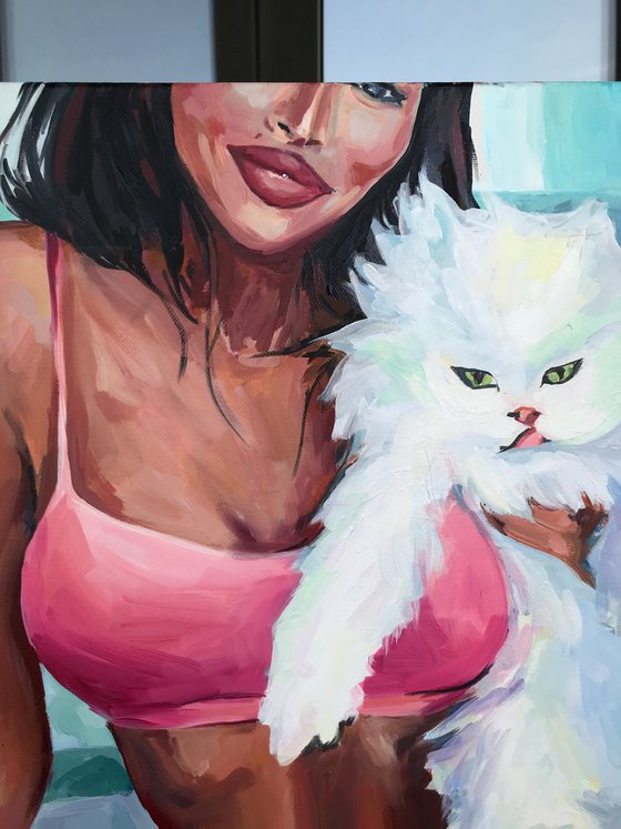A MILLION WAYS HOW TO... - oil painting on canvas, cat, white, woman, erotics, humor, pink, erotic and nude, girl, book
