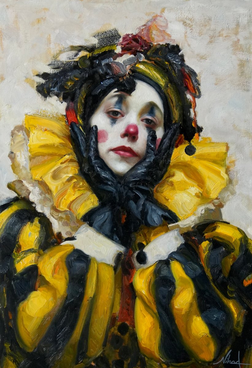 Impressionistic Portrait Oil Painting By Nihad Aghazada, 24 X 35", "Tired Jester", Original Artwork