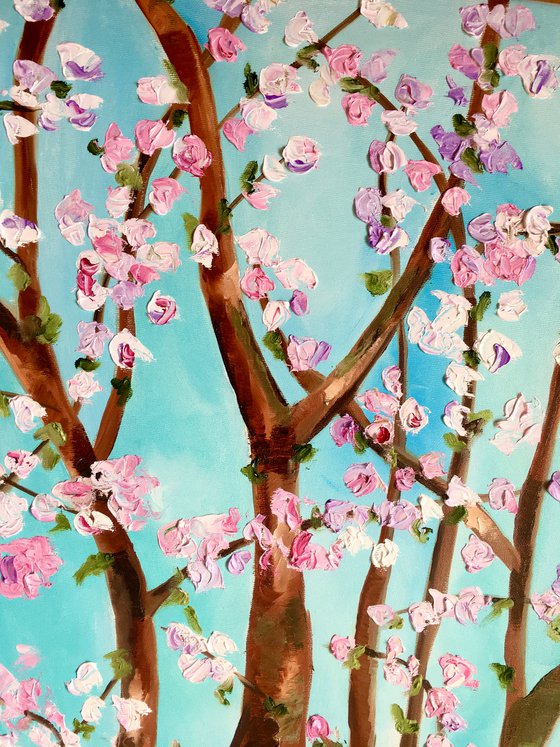 Apple blossom , spring in London white, pink, turquoise 81 x 61 cm  ready to hang oil painting