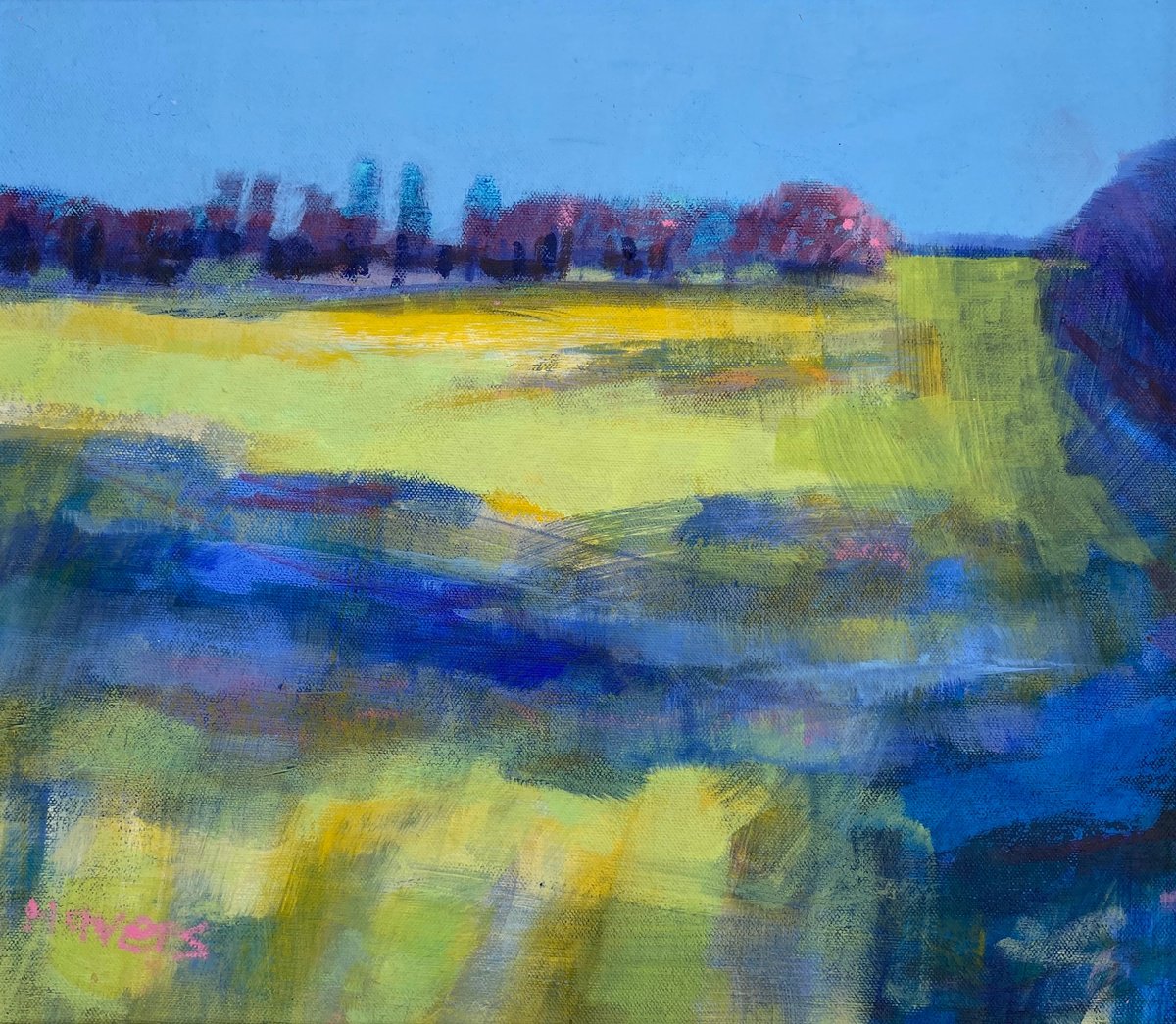 Impressionistic Landscape Acrylic Painting By Chrissie Havers, 21 X 19, Pink Hawthorn, Original Artwork