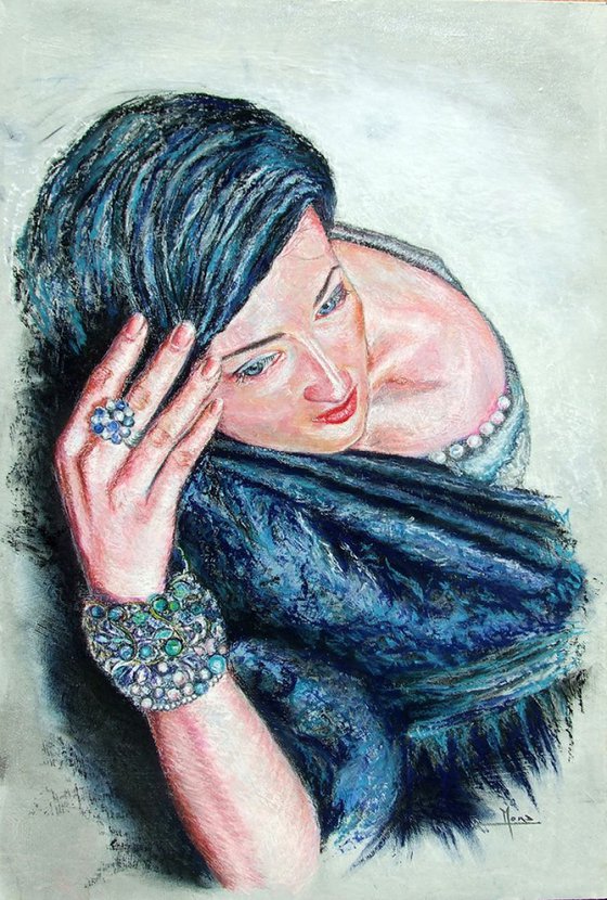 Pensive / Portrait in Pastel on board