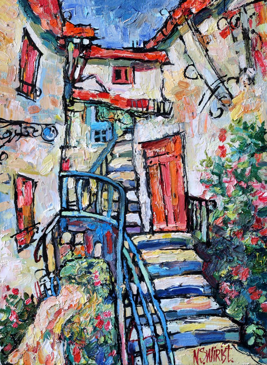 Impressionistic Cityscapes Oil Painting By Nikifor Swiristuhin, 12 X 16", - Colorful Cudillero - ?, Original Artwork