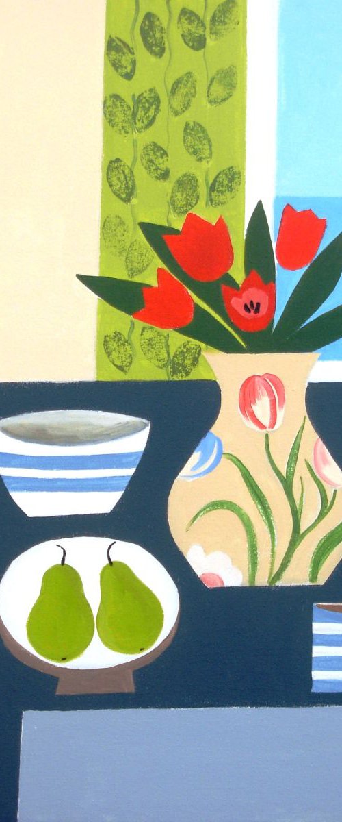 Still Life with Five Red Tulips by Jan Rippingham